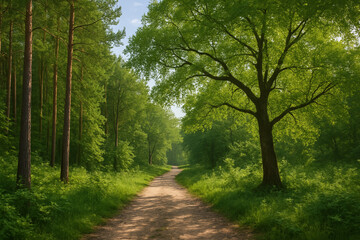 Obraz premium Sunlit dirt path winding through a lush green forest with tall trees