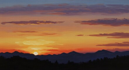 Obraz premium Serene Sunset: Mountains Silhouetted Against a Warm, Impressionistic Sky