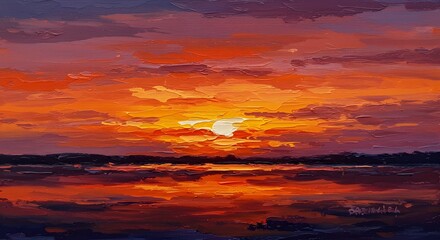Fototapeta premium Fiery Sunset Landscape: Impasto Painting of a Calm Lake