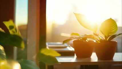 Indoor plants bring life to a cozy setting with warm sunlight during the evening