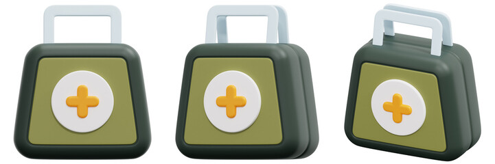 Obraz premium Set of Olive Green First Aid Kits With White Plus Sign 3d Render Icon Illustration