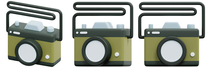 Set of Olive Green Retro Cameras 3d Render Icon Illustration