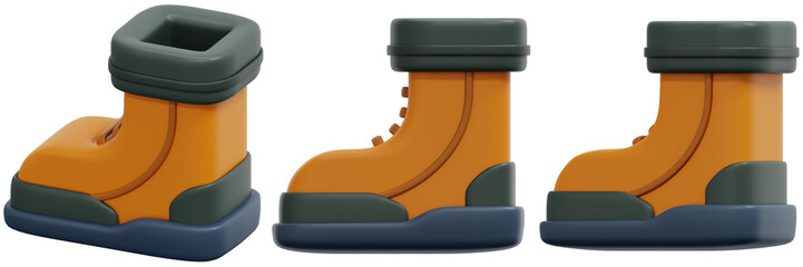 Set of Orange and Dark Green Stitched Boots 3d Render Icon Illustration