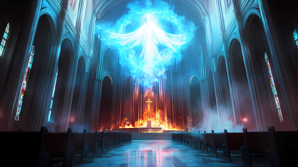 Futuristic church sanctuary with holy spirit fire as floating holographic presence. [Volcanic Temples] | Ignite Shrine | fire sanctuary. Illustration