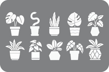 Collection of Twelve Houseplants in Pots Minimalist Style Icons