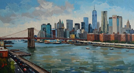 Naklejka premium Brooklyn Bridge and Manhattan Skyline: A Vibrant Impressionist Painting