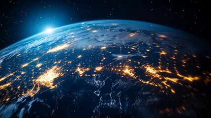 Obraz premium Earth from space at night with city lights and sunrise over the horizon