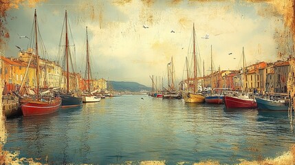 A bustling harbor filled with sailboats and fishing boats, the masts swaying gently in the breeze, the cries of seagulls overhead, a vibrant maritime scene