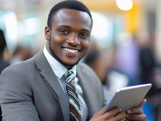 Fototapeta premium Smiling businessman using tablet PC at office