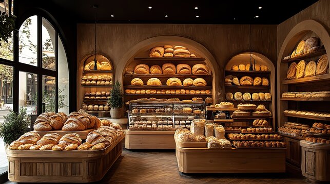 A charming bakery filled with the aroma of freshly baked bread and pastries, displaying a tempting array of treats