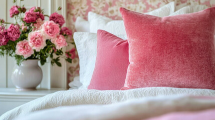 Close-up of the bedroom, decorated with pink cushions and flowers
