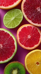 Fototapeta premium Zesty Citrus Medley: A vibrant assortment of juicy citrus fruits, each sliced to reveal a spectrum of bright colors and textures, composing a refreshing display of natural goodness.