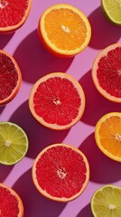 Citrus Symphony: A vibrant, captivating arrangement of halved citrus fruits - grapefruit, orange, and lime - arranged on a vivid purple backdrop.