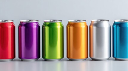 Colorful aluminum beverage cans in a row
