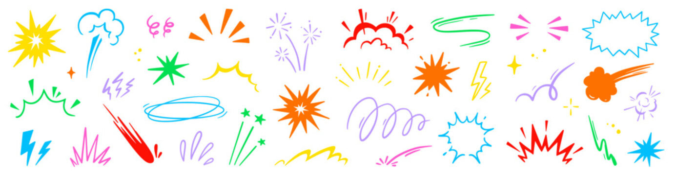 Cartoon comic element speed effect doodle line set. Comic boom motion, explosive energy, line speed cartoon vector graphic icon. Hand drawn cute sketch doodle effect. Vector illustration