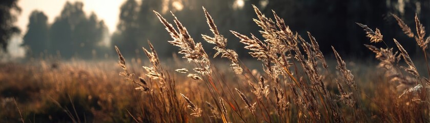 Blowing in the wind with foliage over morning meadow concept. Golden grass sways gently in a serene morning light.