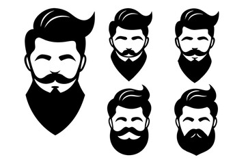 Cartoon vector faces set with expressions and masks of people, men, and women with diverse hair, beards, mustaches, and glasses, showing angry, sad, and smiling avatar characters