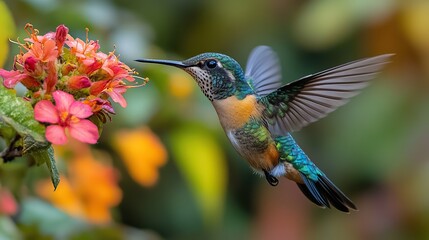 Fototapeta premium A close-up of a hummingbird in flight, its wings a blur as it hovers near a colorful flower to sip nectar A marvel of agility and natural beauty