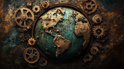 Naklejka premium Steampunk Earth Globe Surrounded by Intricate Gears and Cogs on Textured Surface