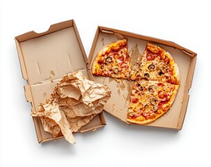 Partially eaten pepperoni and mushroom pizza in cardboard box