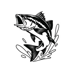 Naklejka premium Black and white illustration of a bass fish jumping out of the water