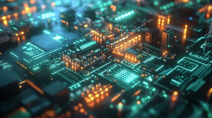 Abstract circuit board design with glowing orange and teal details, showcasing intricate patterns and modern technology
