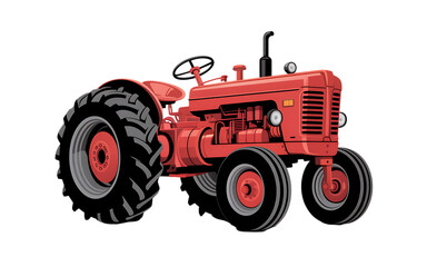 Obraz premium Flat-style illustration of a red farm tractor with large wheels and engine details on a white background in PNG format