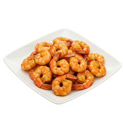 A vibrant plate of cooked shrimp arranged neatly, showcasing their glossy texture