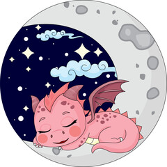 Cute Baby Dragon Sleeping On Moon Kids Vector