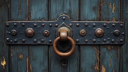Fototapeta premium A close-up of a weathered, wooden door with intricate carvings and a rusty metal handle, hinting at a hidden story