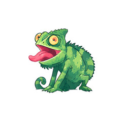 Obraz premium Cartoon chameleon with a long tongue out, vibrant colors and a whimsical expression on a black background.