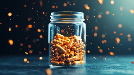 Glowing Orange Capsules in Glass Jar with Sparkling Particles on Dark Background for Health and Nutrition Concepts