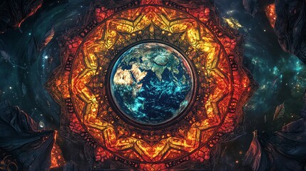 Intricate Mandala Frame Encompassing Earth Against Starry Cosmic Backdrop with Floating Leaves