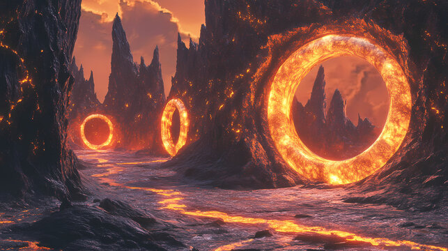 Glowing lava-filled geodes surround mystical, ancient temples amidst volcanic landscape. [Volcanic Temples] | Cinder Gate | ash arch. Illustration