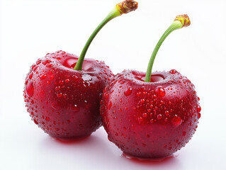 Isolated cherries in a row. Whole sweet cherry and cherry halves with and without pit isolated on white background