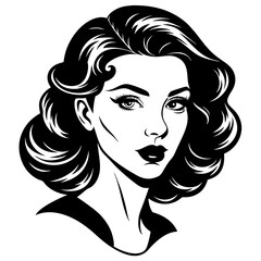 Beauty fashion illustration of a woman with long hair, a captivating face, and striking lips, in a vector art style, a true glamour model silhouette in black and white design