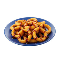 A vibrant plate of crispy onion rings drizzled with tangy sauce, perfect for sharing