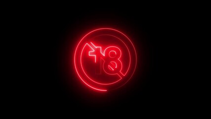 Neon 18+ icon animation on black background, symbolizing age restriction, adult content warning, explicit access, mature audience, digital safety