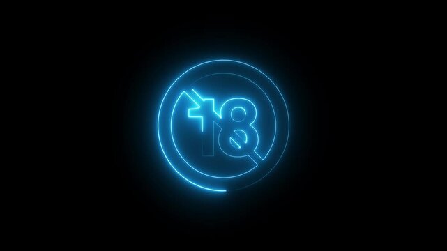 Neon 18+ icon animation on black background, symbolizing age restriction, adult content warning, explicit access, mature audience, digital safety