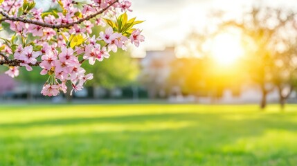 Fototapeta premium Delicate Cherry Blossom Branch with Pink Flowers Lightly Swaying Against a Warm Spring Sunset Glow