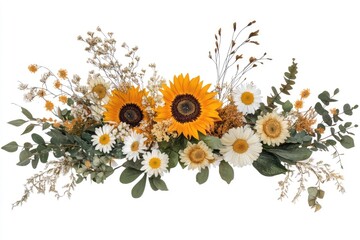 Rustic floral arrangement of dried sunflowers, daisies, and greenery