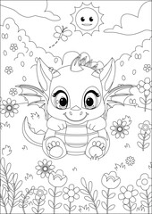 Baby Dragon Coloring Page With Background Line Art Vector