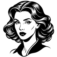 Long curly black hair frames the beautiful face of a fashion illustration lady, showcasing her glamorous style and makeup