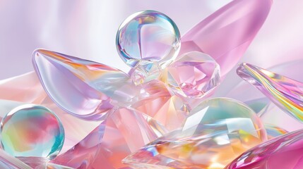 Colorful and Radiant Transparent Geometric Shapes with Reflections and Prismatic Effects on Soft Background
