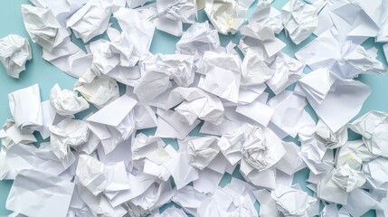Messy Background of Crumpled White Paper Balls on a Light Blue Surface for Creative Concepts