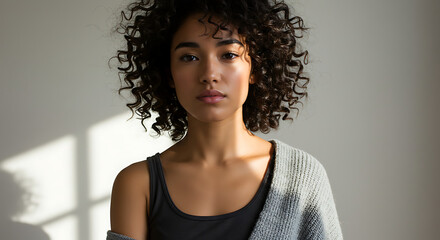 Serene portrait curly haired woman soft light