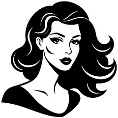 Black and white vector illustration of an elegant woman's face with long, flowing hair, showcasing her beauty and distinctive fashion style