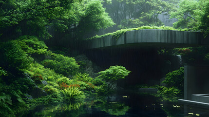 Lush garden with modern concrete structure, misty morning