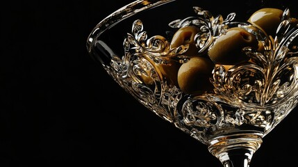 A classic martini in a sleek, inverted conical glass, featuring three green olives on a cocktail pick.