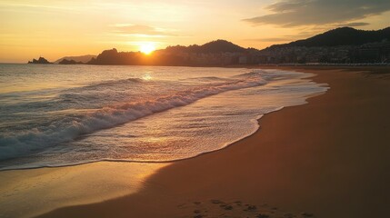 A tranquil seascape at sunset, featuring gentle waves reflecting golden and orange hues.